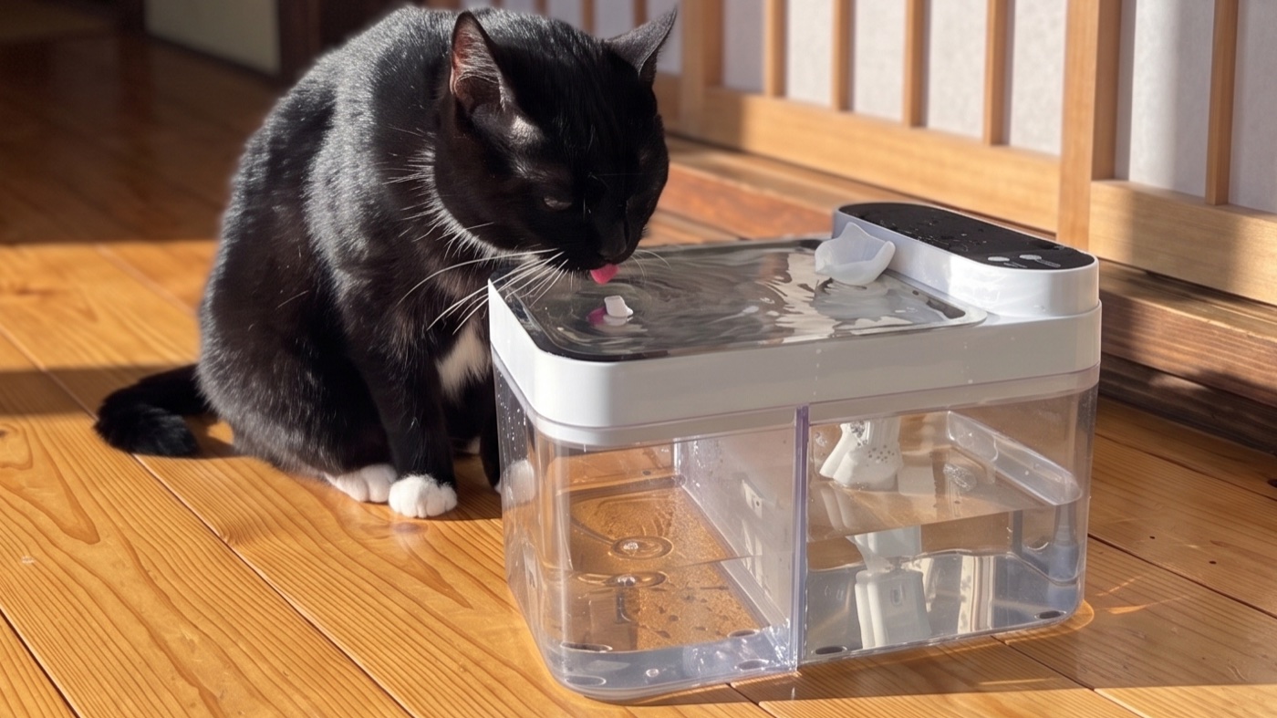 A black cat drinking from the PureStream steel tray in morning sun, both tanks visible below